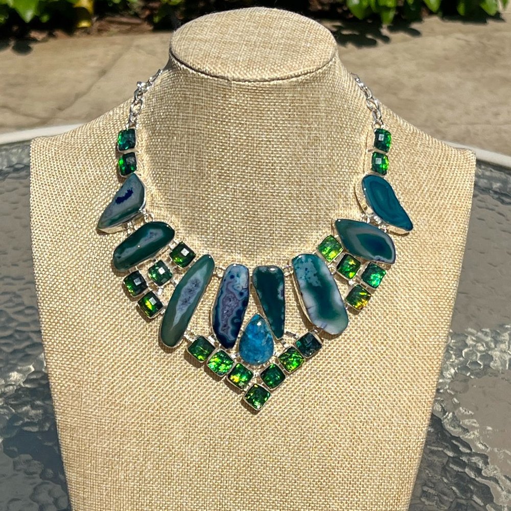 Solar Agate Necklace Triplet Opal Ocean Blue Large Handmade 925 Silver Boho New! - Picture 7 of 16